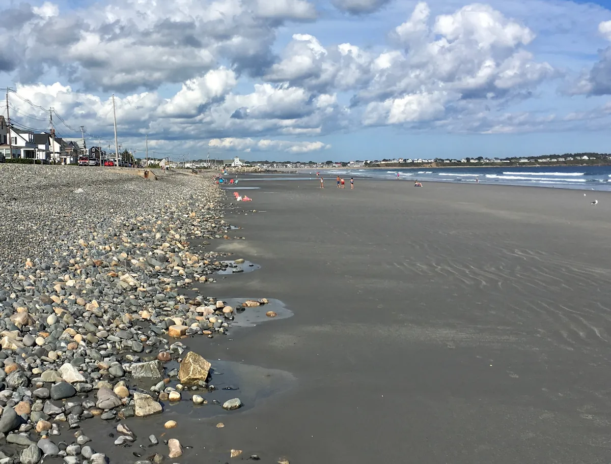 Long Sands Beach at low tide under a bright sky, York, Maine