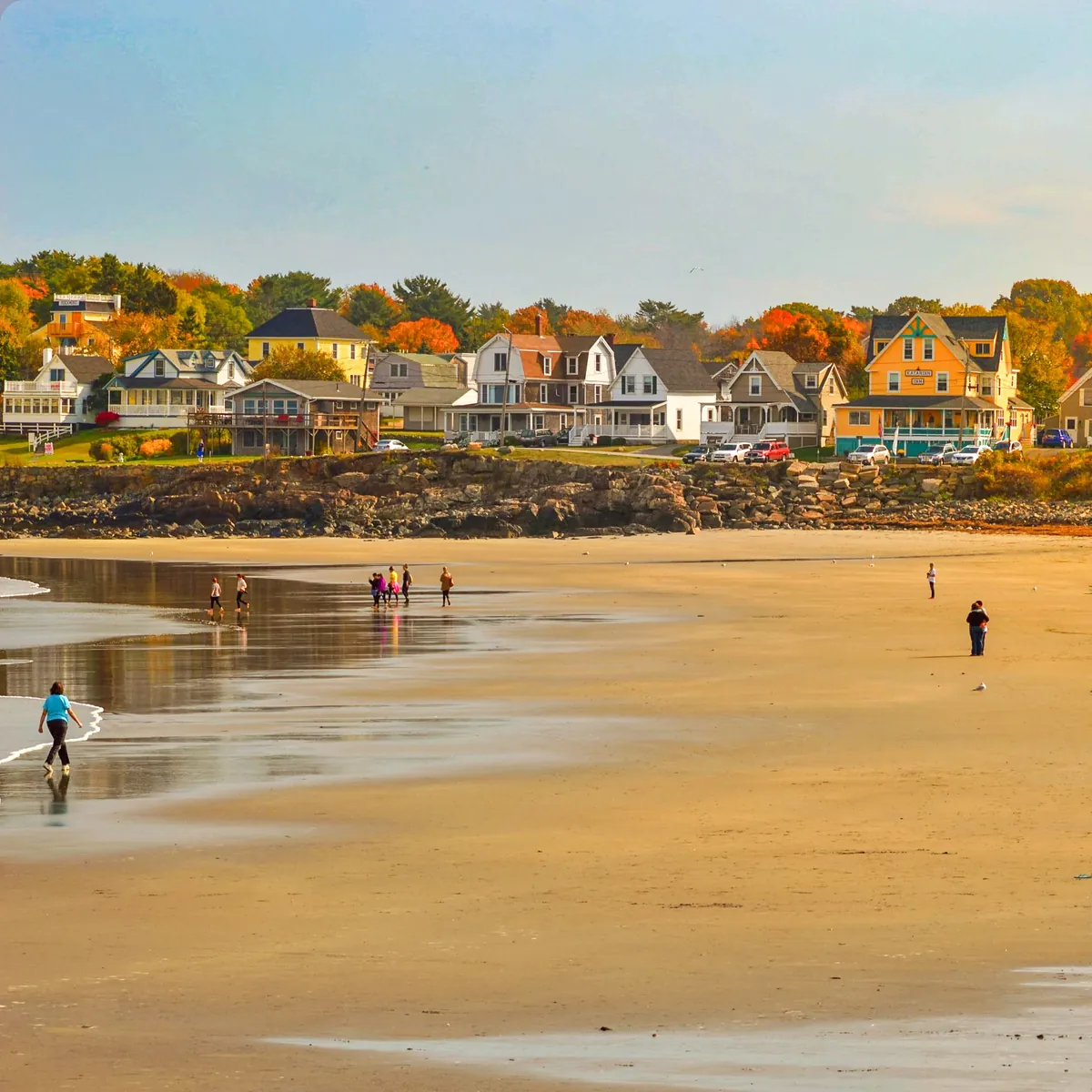 Short Sands Beach and the York Beach village in warm autumn light, York, Maine